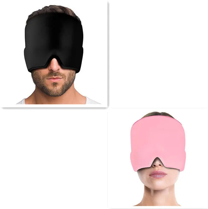 Cold therapy gel eye mask for headache relief in black colour on forehead