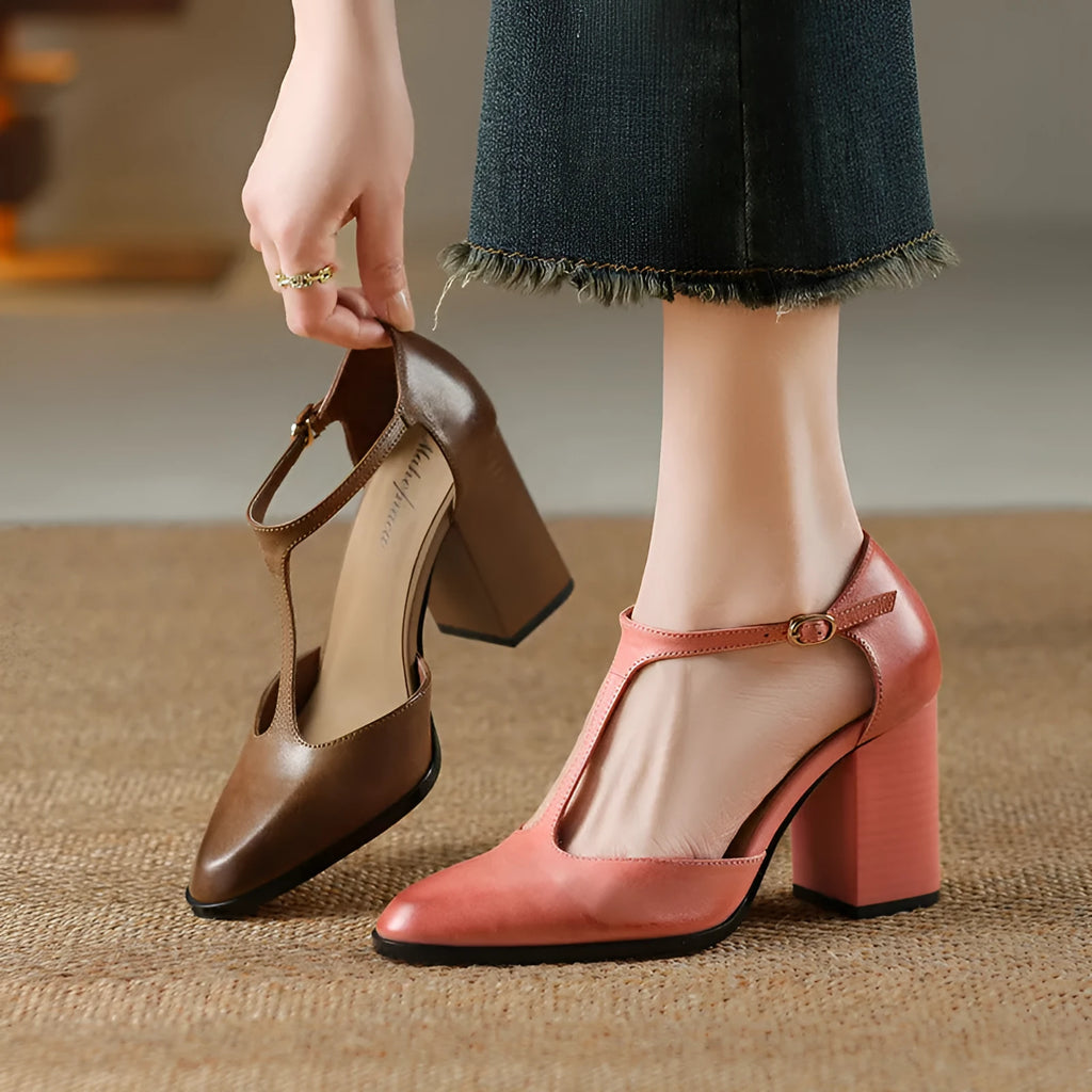 Baotou women's retro pointed-toe Mary Jane shoes in dark brown with a buckle fastening.