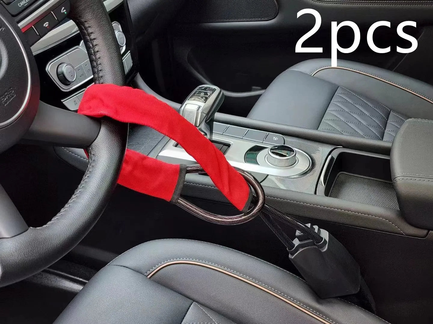 Red car steering wheel lock with wire rope security cable for General Motors vehicles