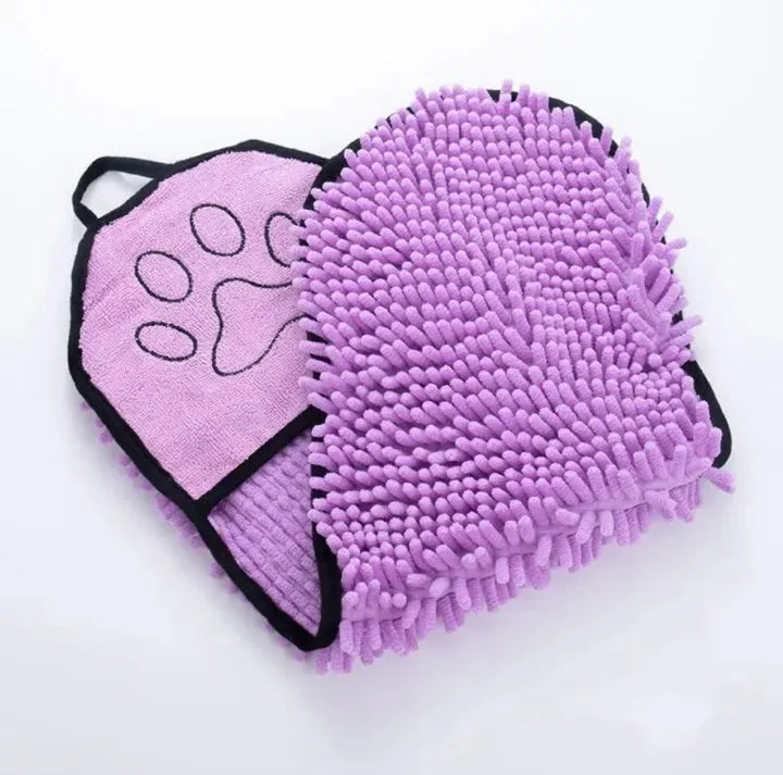 Blue pet bath robe towel for drying a dog after a wash, showing its size and soft texture.