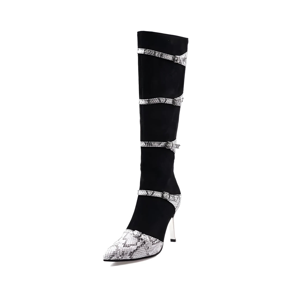 Grey and black women's knee-high high-heel boots with a 9cm heel and 33cm shaft.