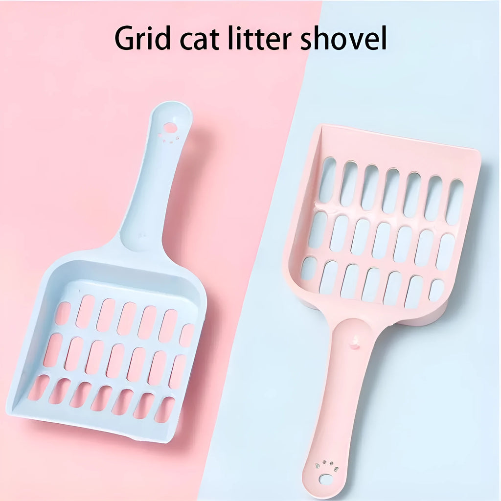 Blue plastic cat litter scoop for cleaning pet toilets, shown with dimensions.
