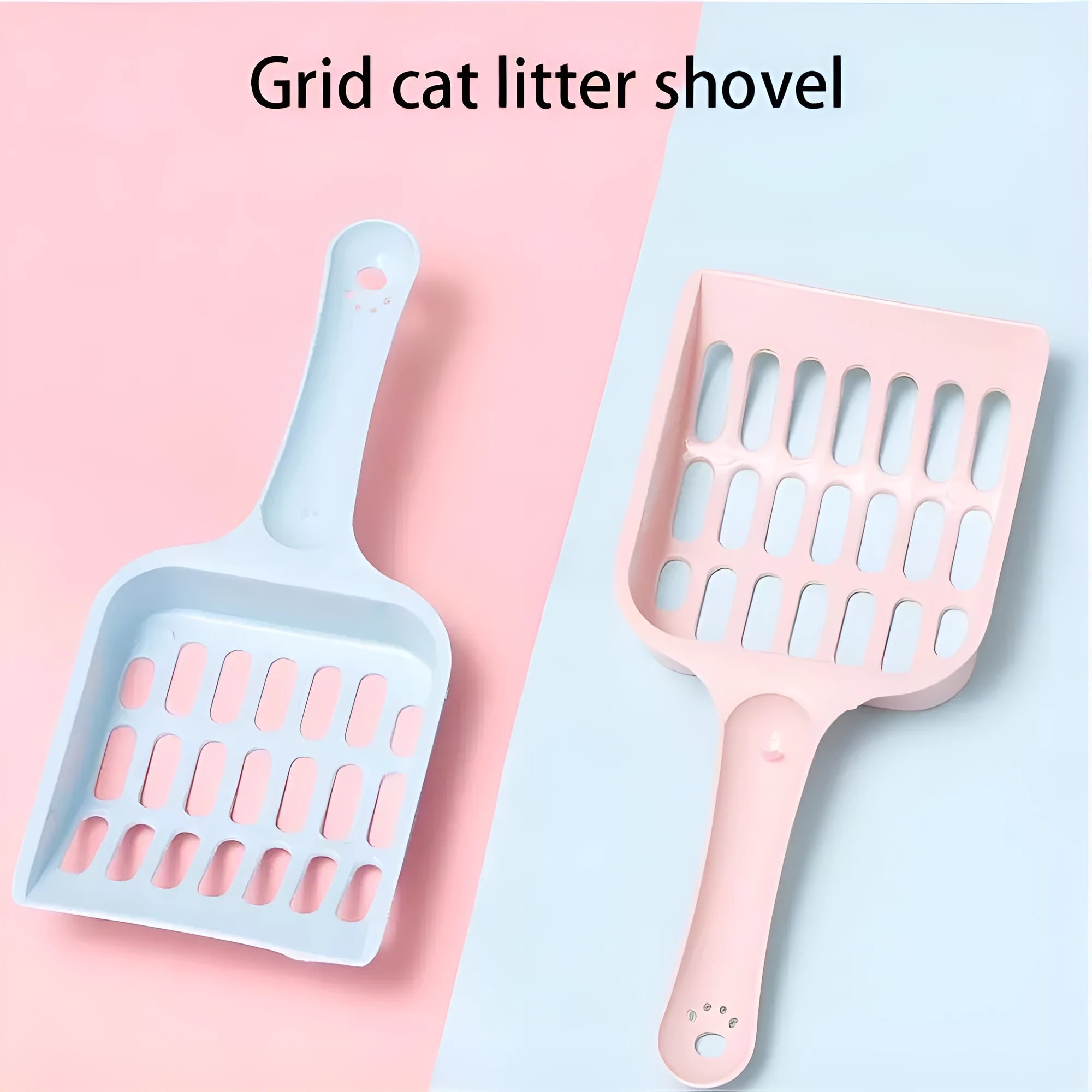 Blue plastic cat litter scoop for cleaning pet toilets, shown with dimensions.