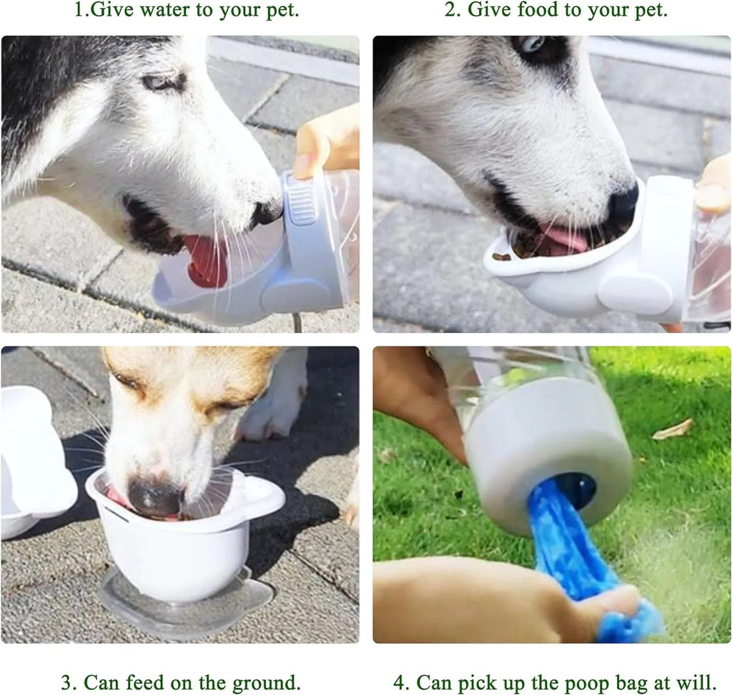 Green pink and white 3 in 1 portable pet water bottle with food container and bag dispenser