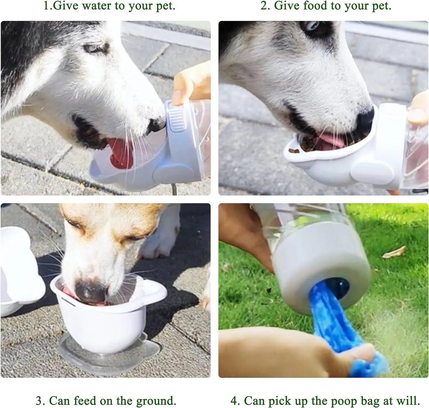 Green pink and white 3 in 1 portable pet water bottle with food container and bag dispenser