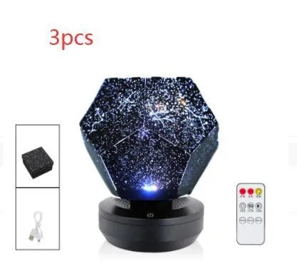 LED star projector showing constellation projection on bedroom ceiling with remote control