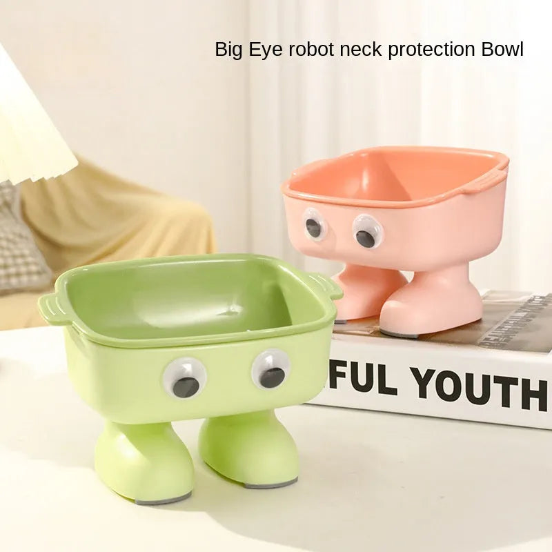 Green robot-shaped elevated cat bowl with tilted design and detachable inner dish