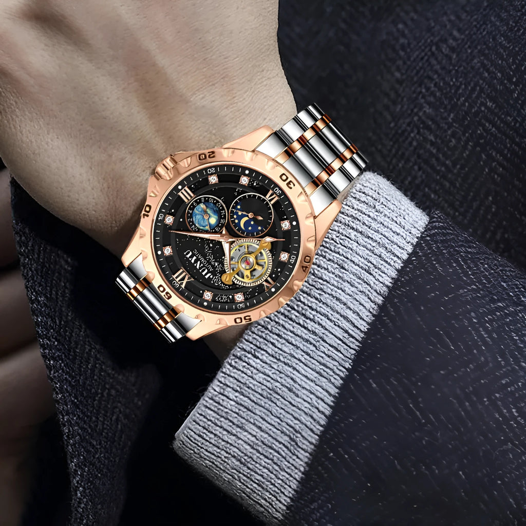 Men's waterproof automatic mechanical watch with luminous hands in silver case black face option