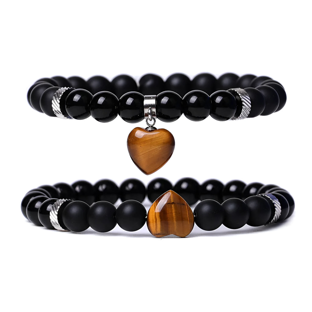 Natural stone couple matching bracelets with geometric heart design in eight colour variations