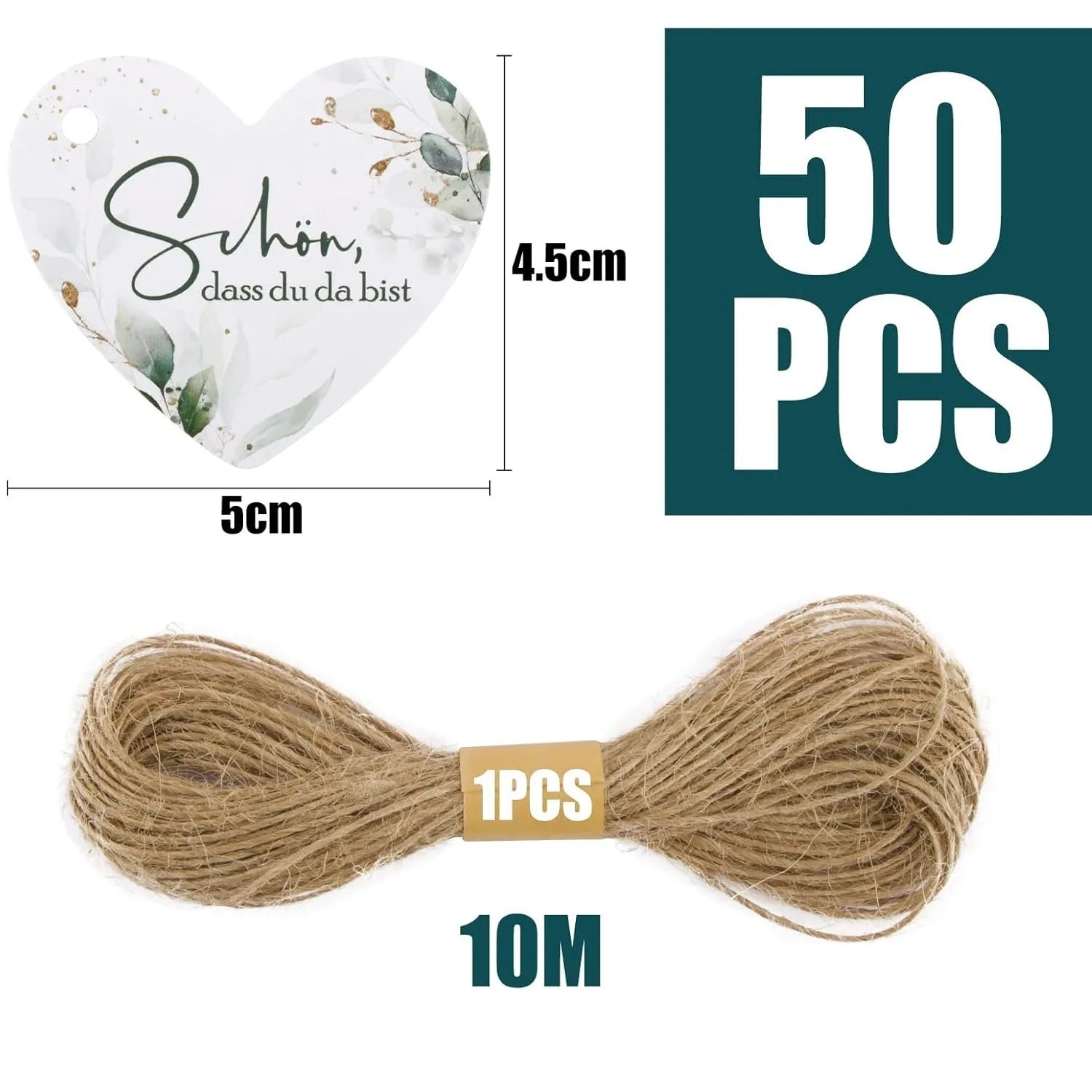 50 flower heart-shaped paper gift tags in two colour styles, shown alongside a pen for scale