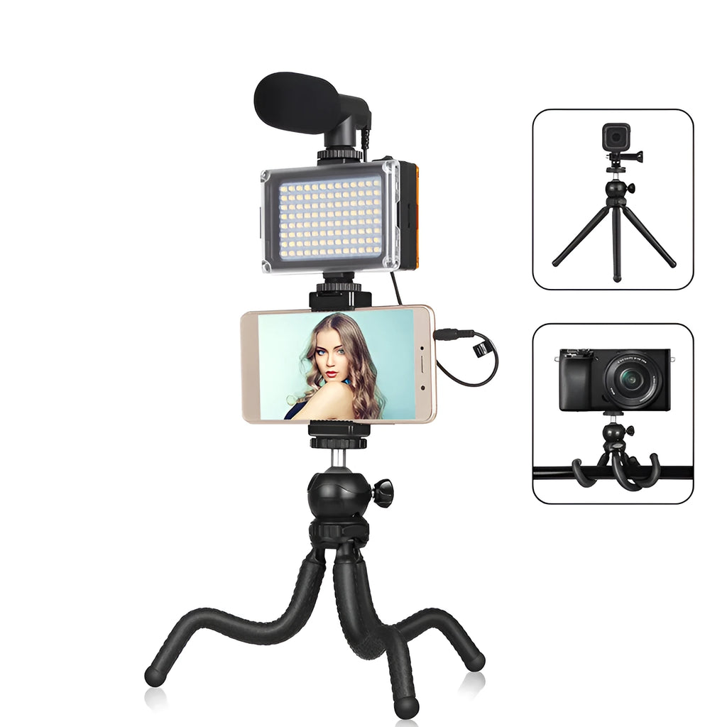 Black Octopus Yripod flexible desk tripod with fill light microphone wrapped around a chair back