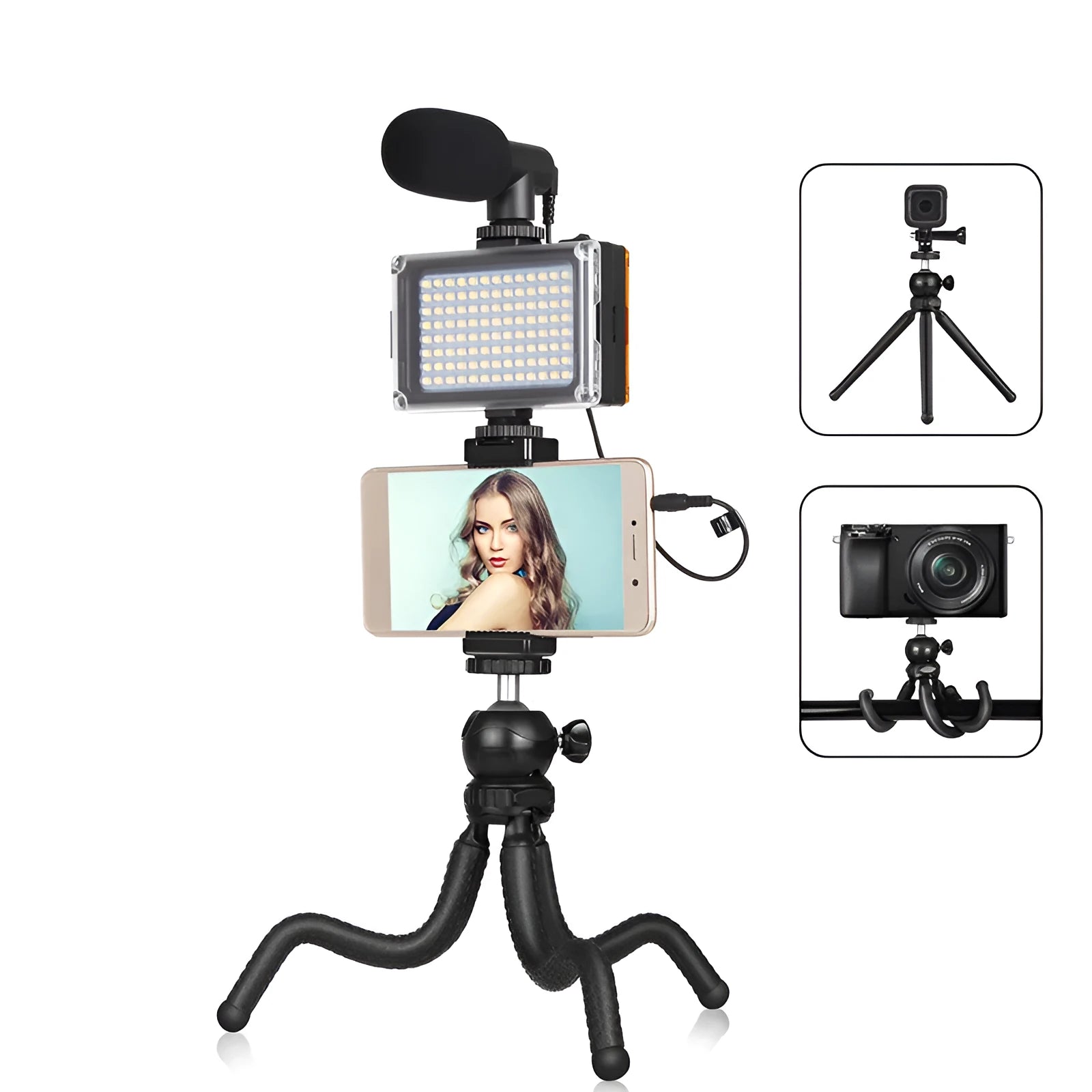 Black Octopus Yripod flexible desk tripod with fill light microphone wrapped around a chair back