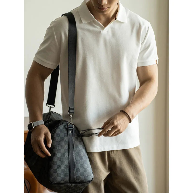 American-style blue cotton polo shirt with short sleeves on hanger