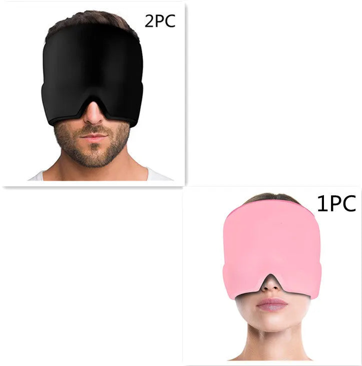 Cold therapy gel eye mask for headache relief in black colour on forehead