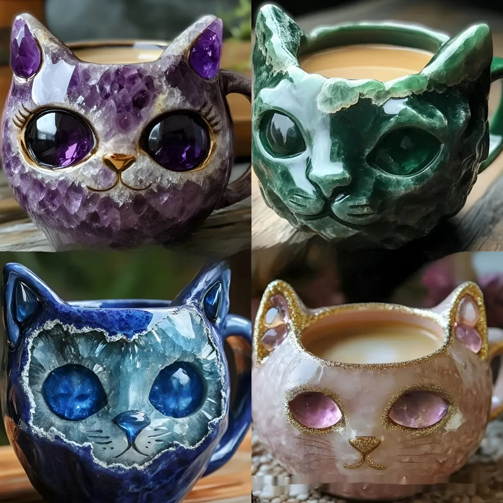 Purple resin geode mug with crystal cat design measuring 11cm high