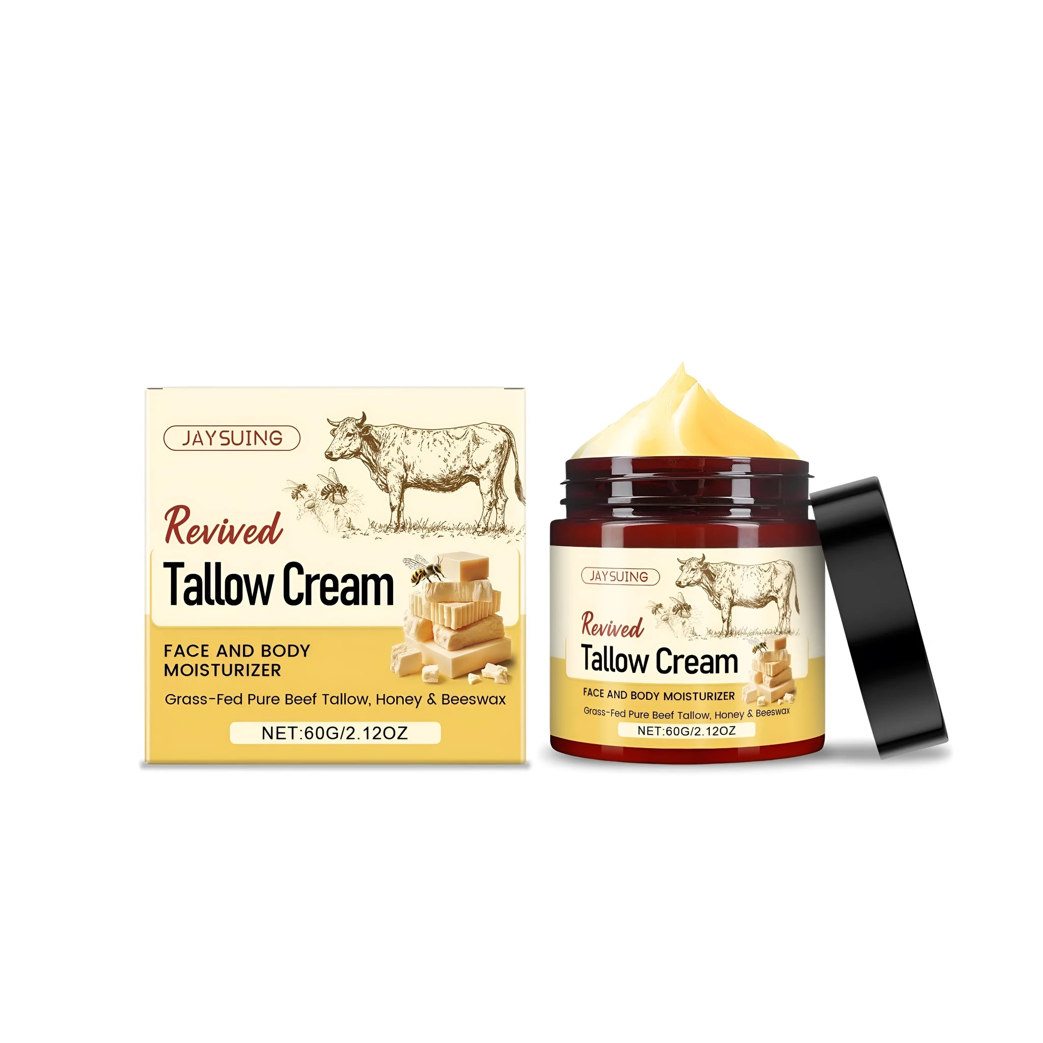 60g glass jar of Revived Tallow Cream moisturising balm with honey and olive oil.
