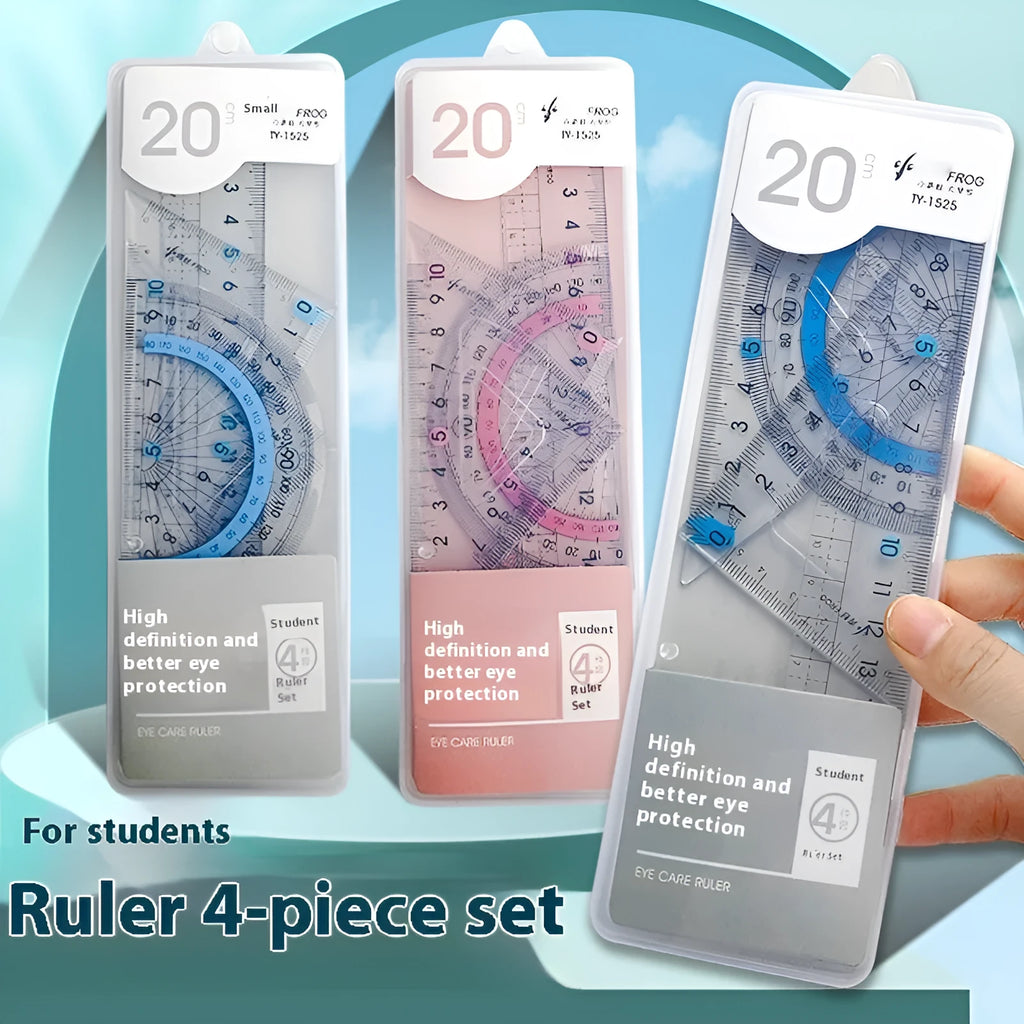 Youpai transparent acrylic ruler set with square and protractor on lined paper.