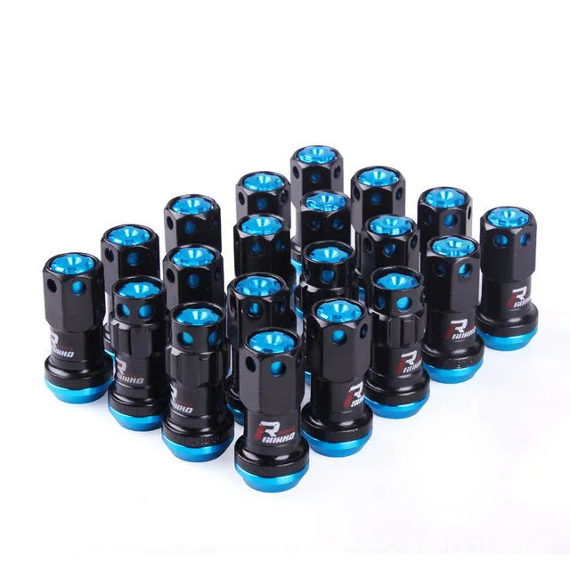 Set of aluminium alloy flat head wheel nuts in various colour combinations including black gold and blue.