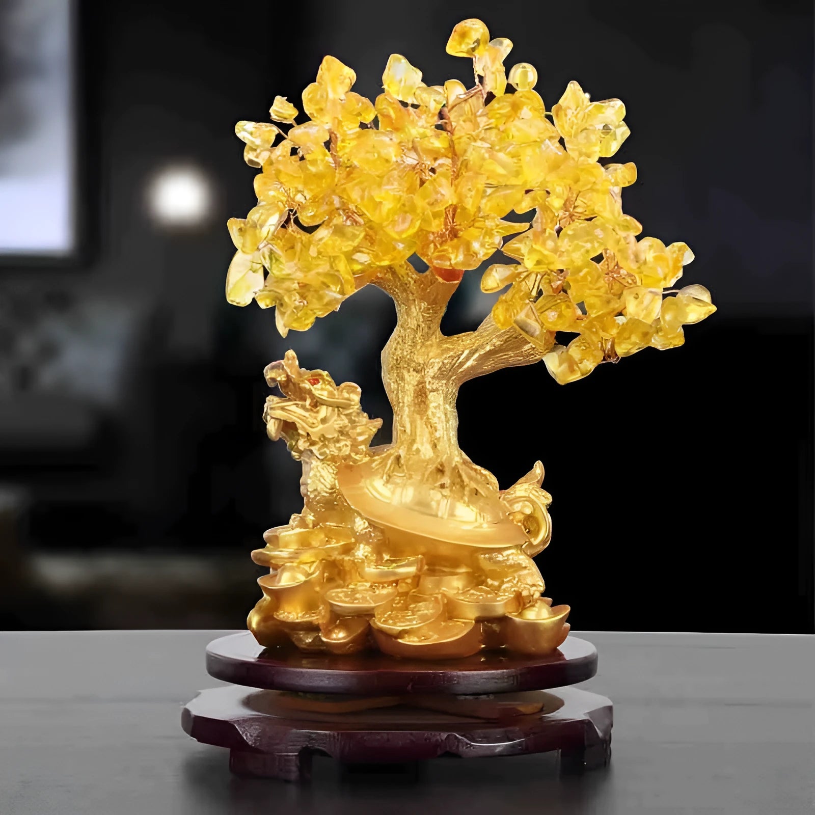 Citrine resin money tree ornament with small water turtle design for Feng Shui decoration