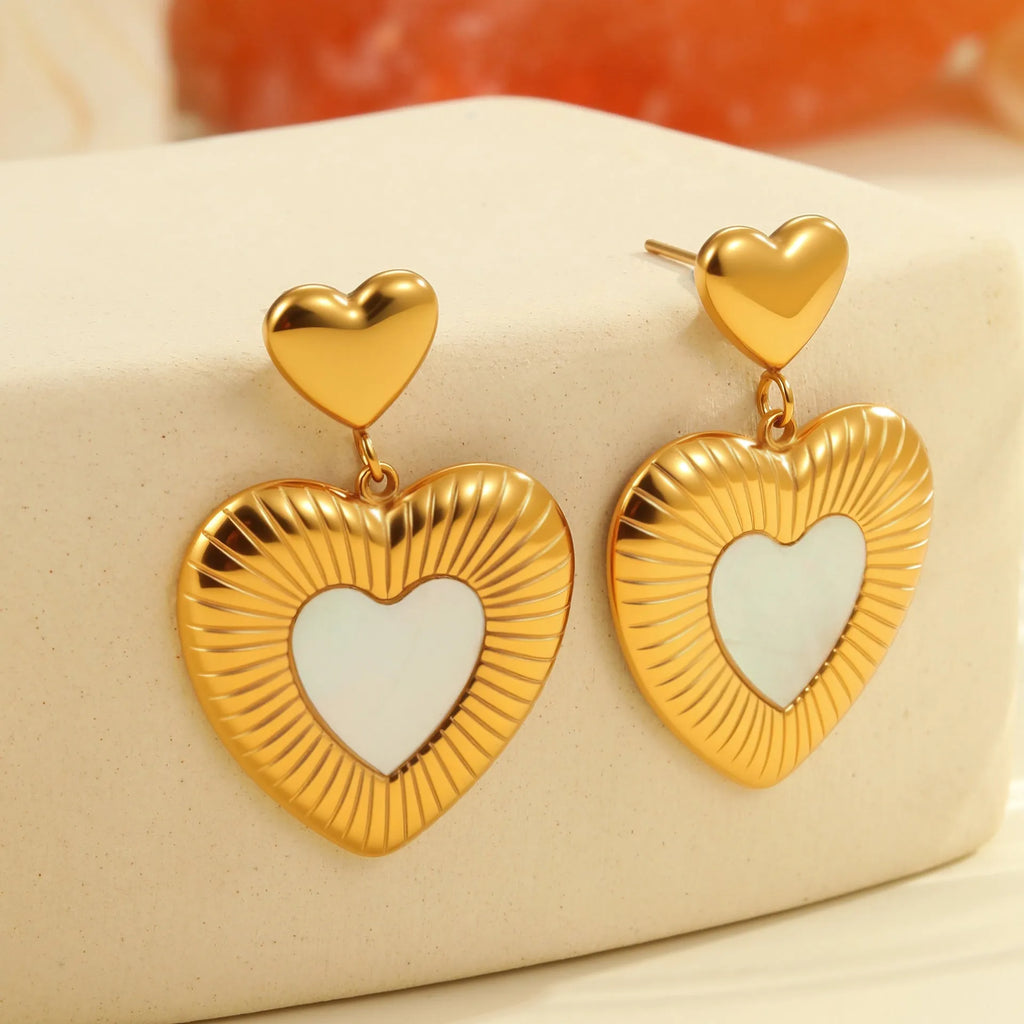 Heart-shaped gold electroplated stainless steel fritillary drop earrings for women