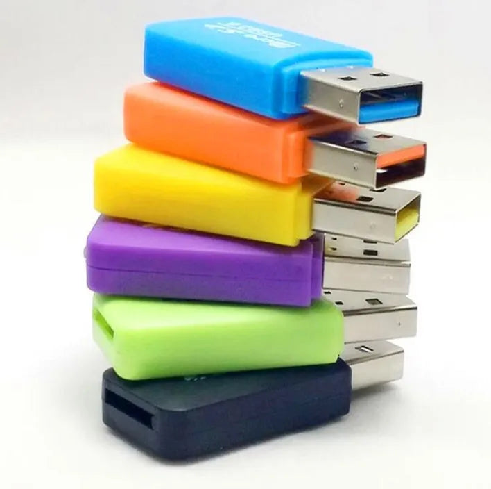 Mini USB TF card reader with built-in plug, 16 GB micro SD card, and SD adapter