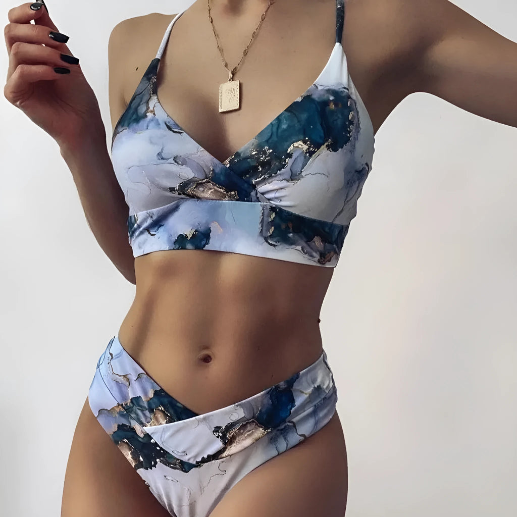 Women's marble tie-dye high-waist bikini with U-neck top for swimming.