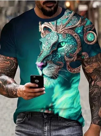 Men's grey t-shirt with 3D lion face printing on front