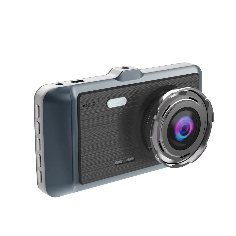 HD dual-lens driving recorder with 4-inch screen mounted on car windscreen