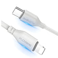 White braided USB-C to Lightning charging cable for iPhone with reinforced connectors