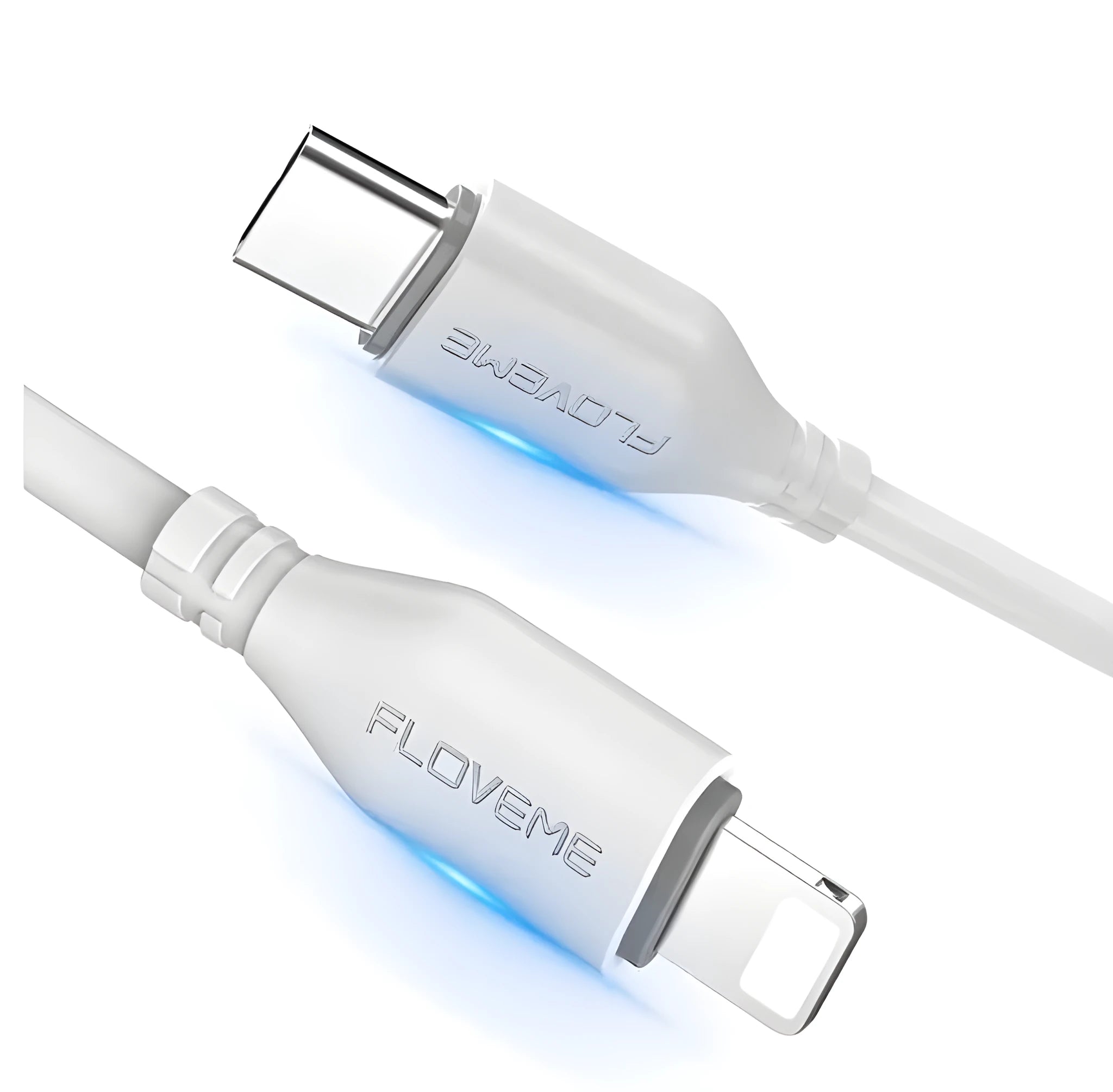 White braided USB-C to Lightning charging cable for iPhone with reinforced connectors