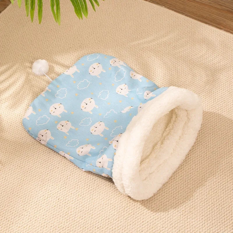 Flannel cat sleeping bag bed measuring 50 by 40 centimetres in three colour designs