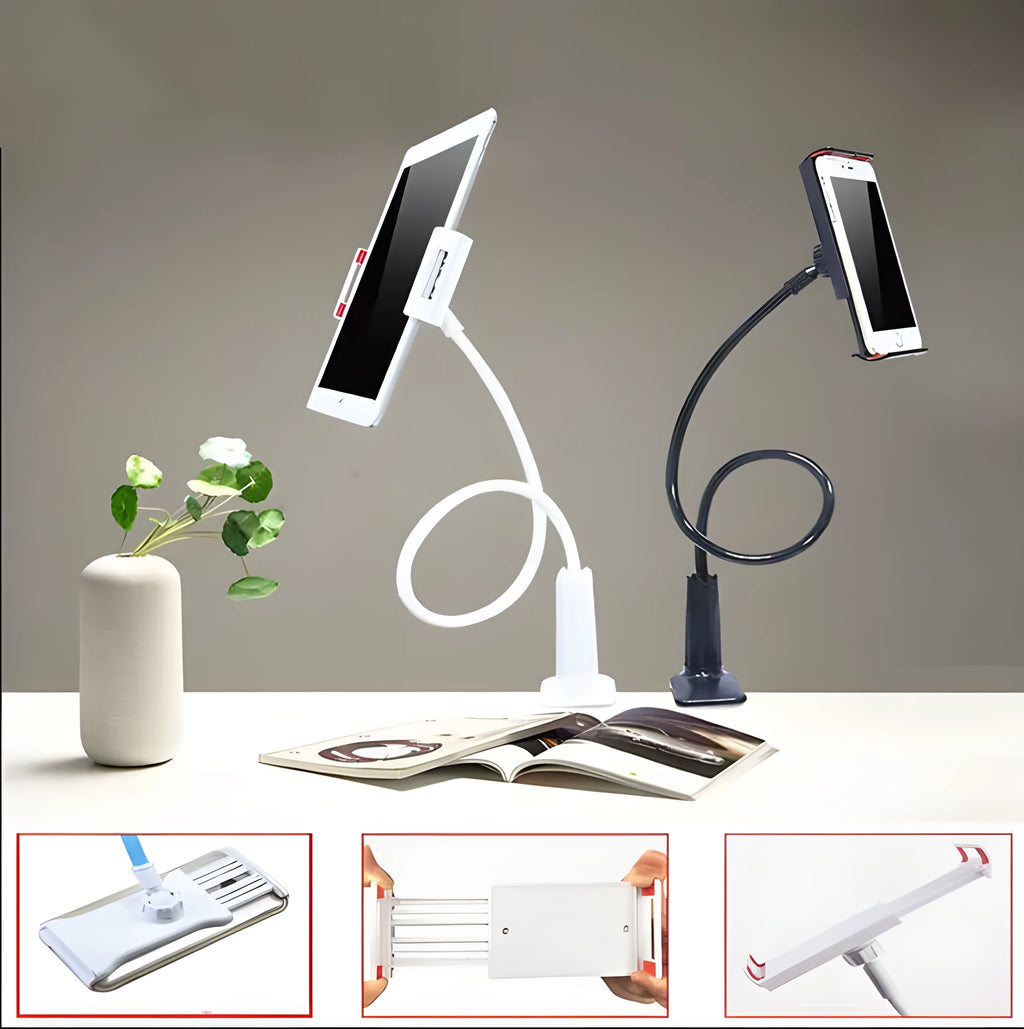 Black bedside oversize flat panel phone holder with a long flexible arm mounted on a table.
