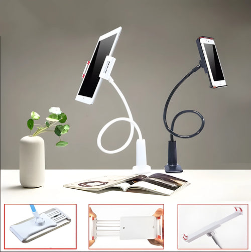 Black bedside oversize flat panel phone holder with a long flexible arm mounted on a table.