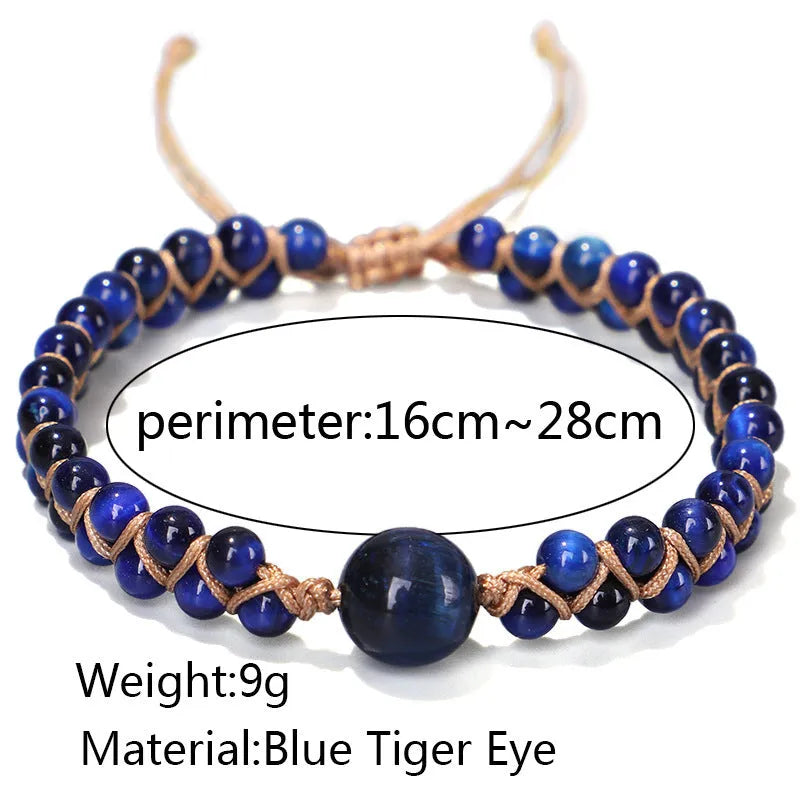 Handmade woven pull bracelet with tigereye and amethyst beads in geometric pattern