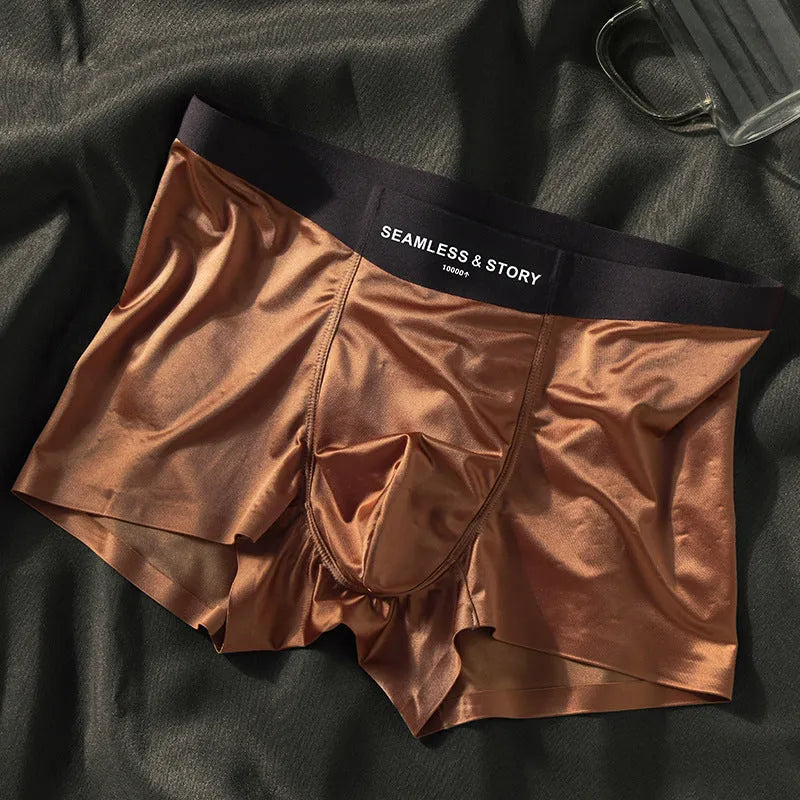 Men's ice silk satin underwear in mid waist design showing coffee, light grey and blue colour options