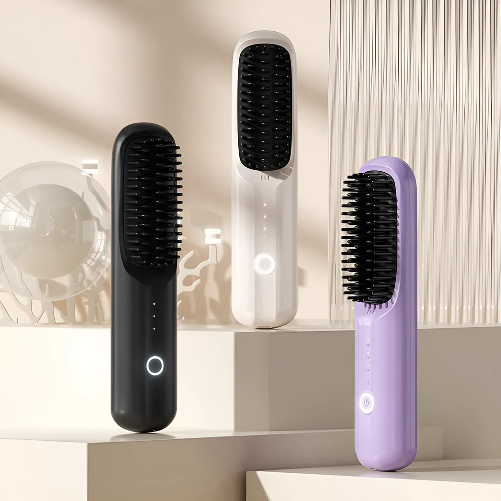 Wireless anion straight comb in beige, pink, purple, or black colours with Type-C charging port