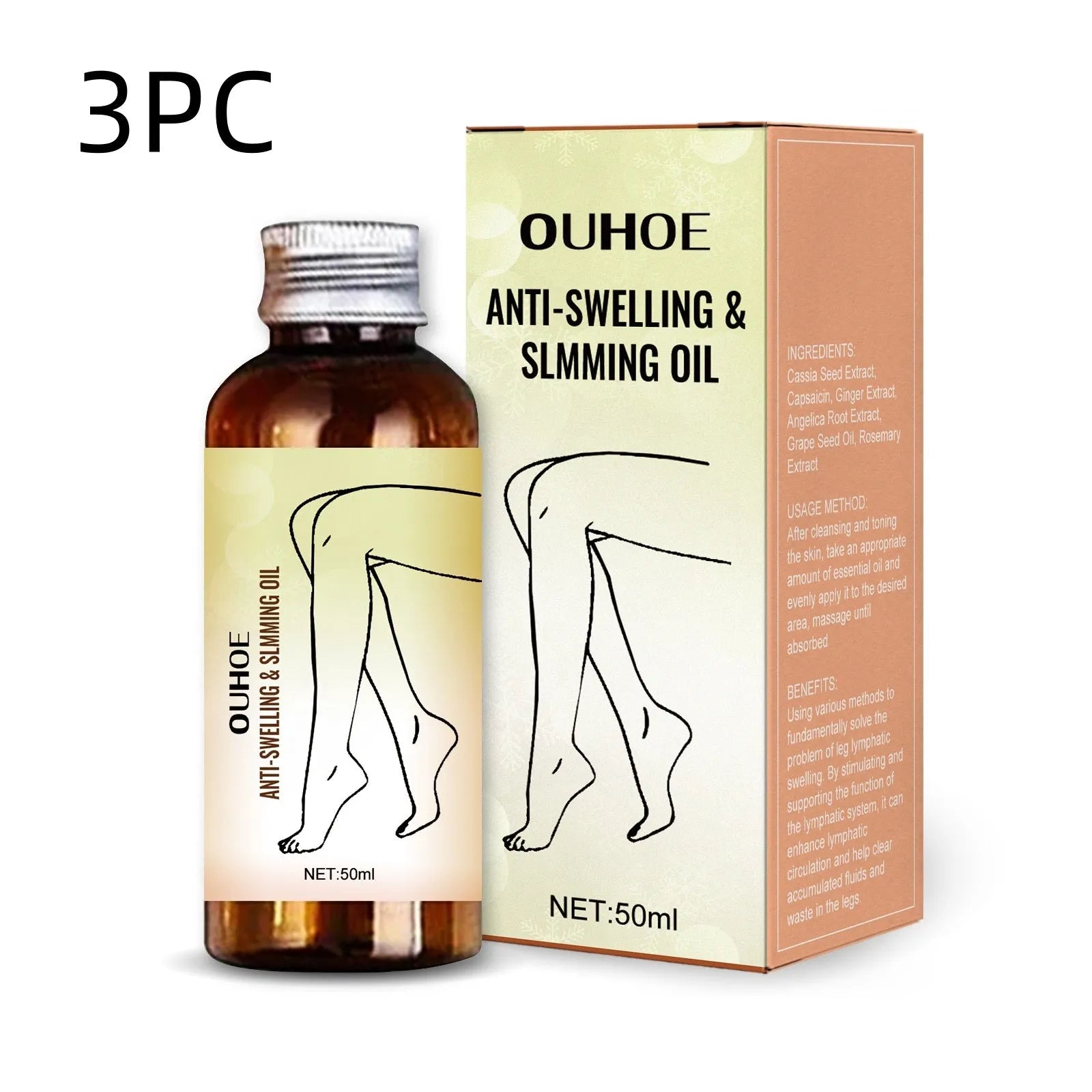 50ml bottle of moisturising essential oil with botanical extracts for body skin care and leg massage