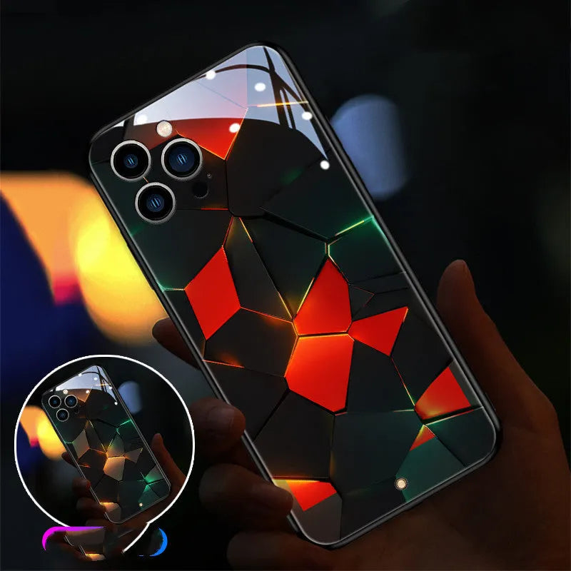 Xpress 14 clear tempered glass iPhone case with illuminated LED notification light on a table.