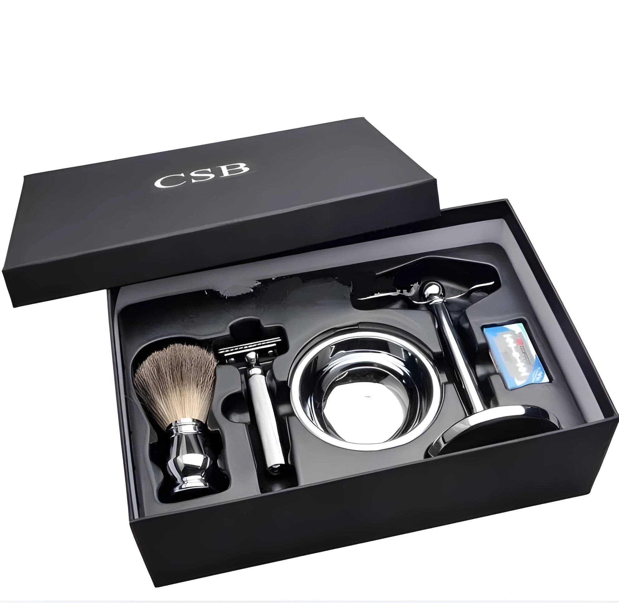 CSB men's shaving set with badger hair brush, safety razor, chrome stand, zinc alloy bowl and blades