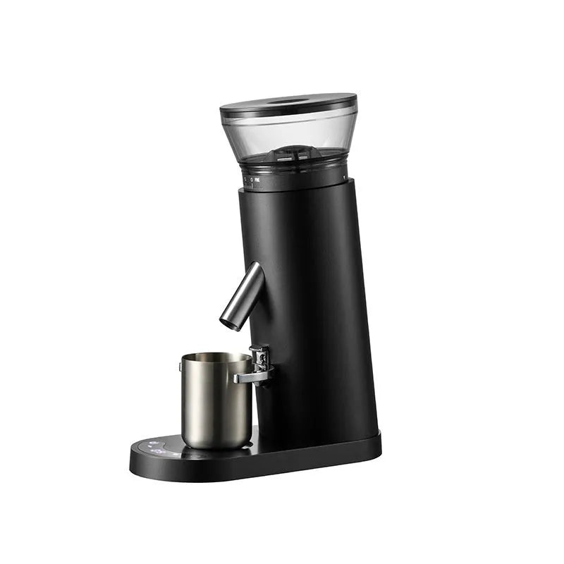 Portable electric coffee grinder with stainless steel body in retro or minimalist style