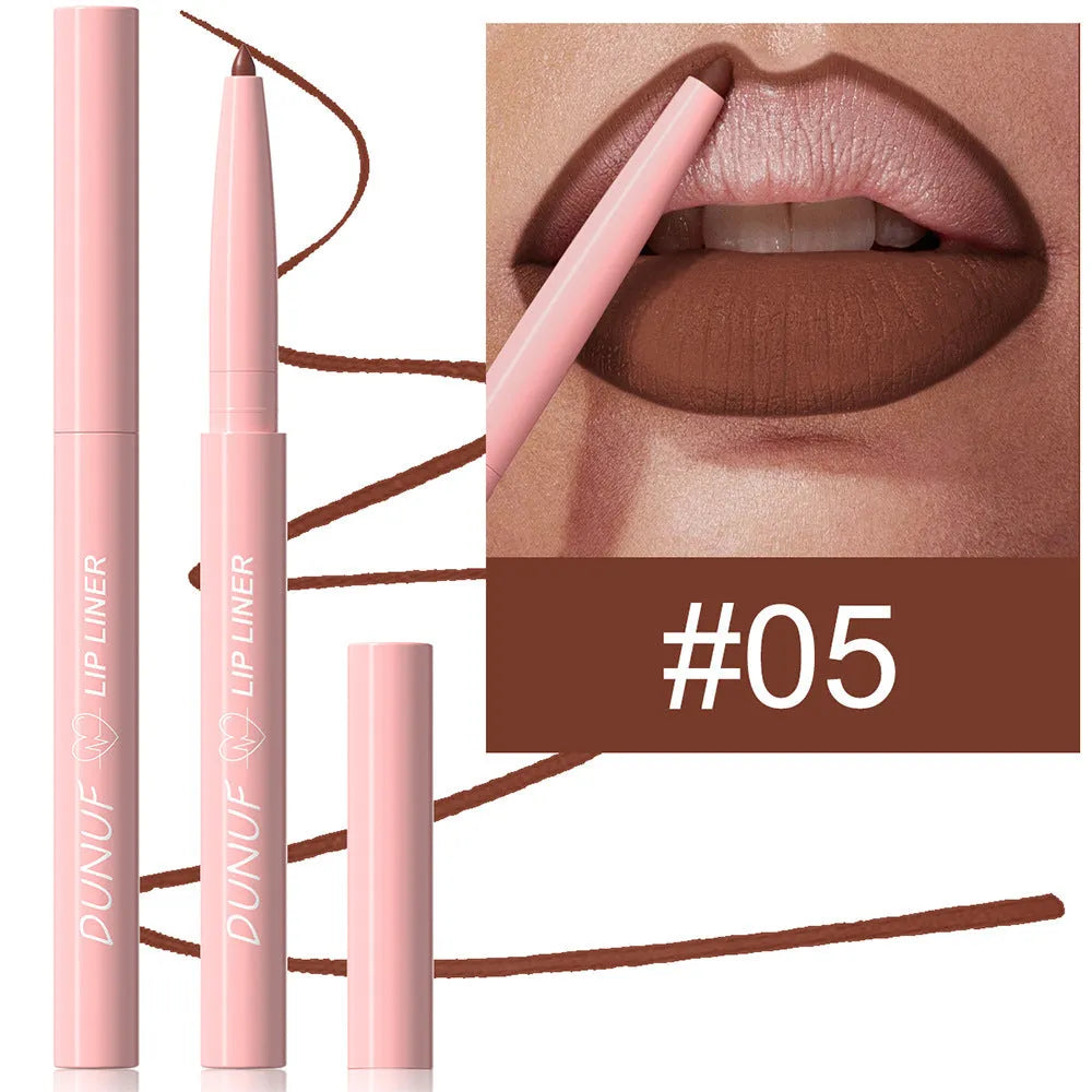 A single velvet matte lip liner pencil with 12 colour shade options shown, for precise lip definition.