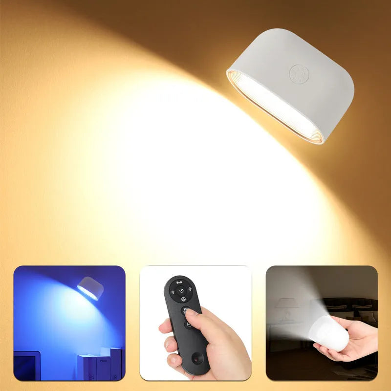 White modern remote control magnetic wall lamp with touch panel, shown with remote, mounted on a wall.