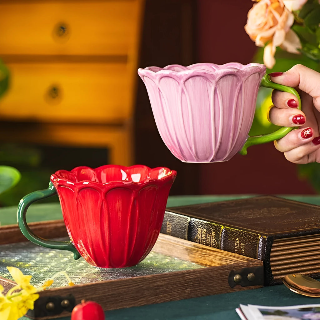 Ceramic breakfast cup with flower pattern, 500ml capacity, pastoral style in red or purple