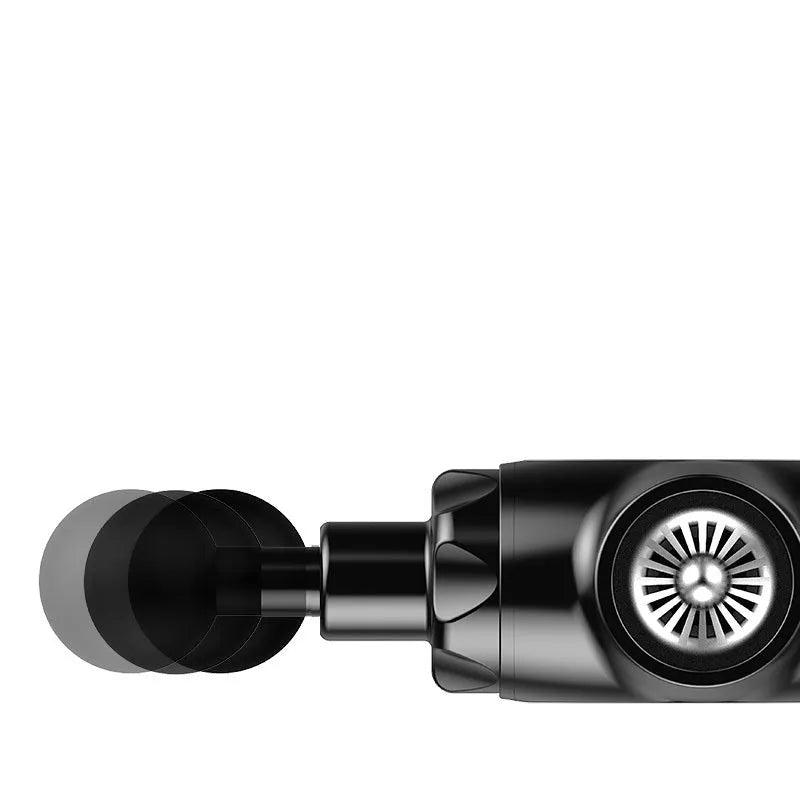 Black and white handheld percussion massage gun with 12mm stroke depth.
