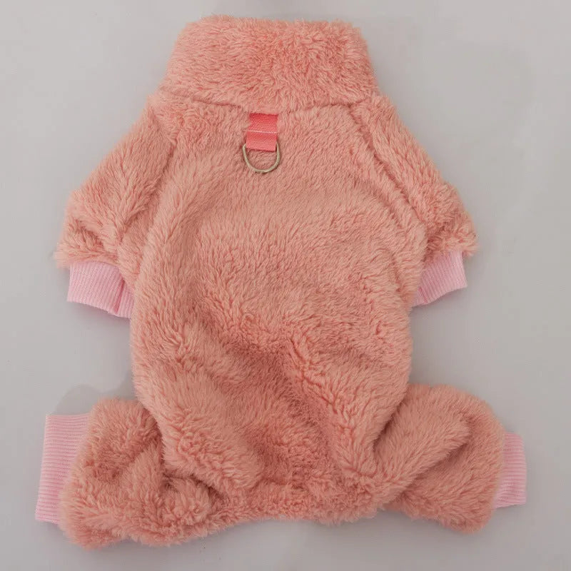 Four-legged dog clothing with double-sided plush fabric, high collar, and towing ring in khaki colour