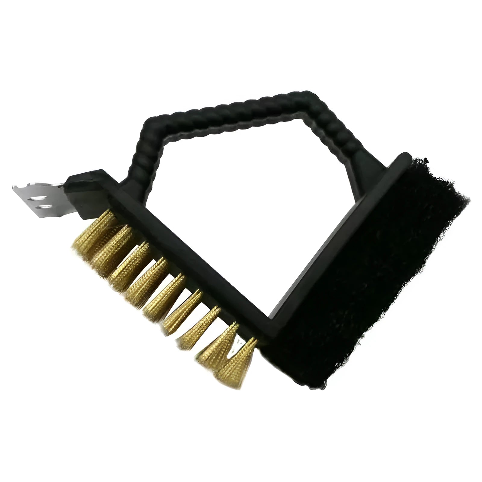 Triangular barbecue cleaning brush with steel wire bristles and a black PP plastic handle.