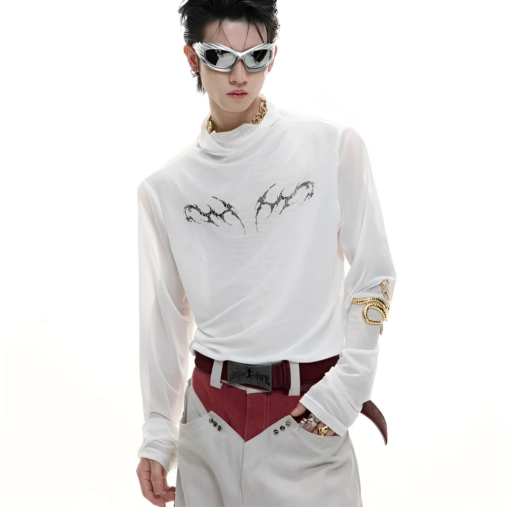 Man wearing a black slim fit long sleeve mesh base layer shirt.