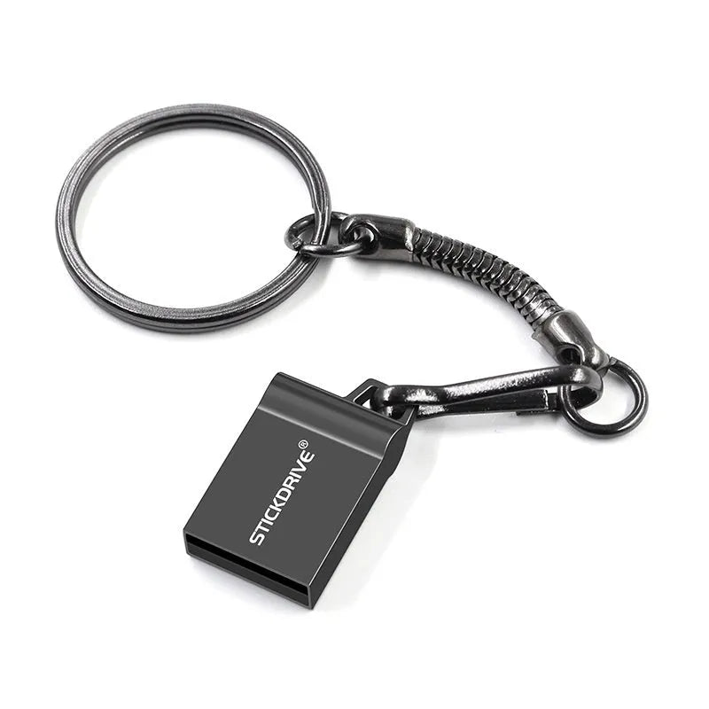 Metal USB flash drive on a silver chain necklace, showing black casing with options for lanyard or different chain attachments.