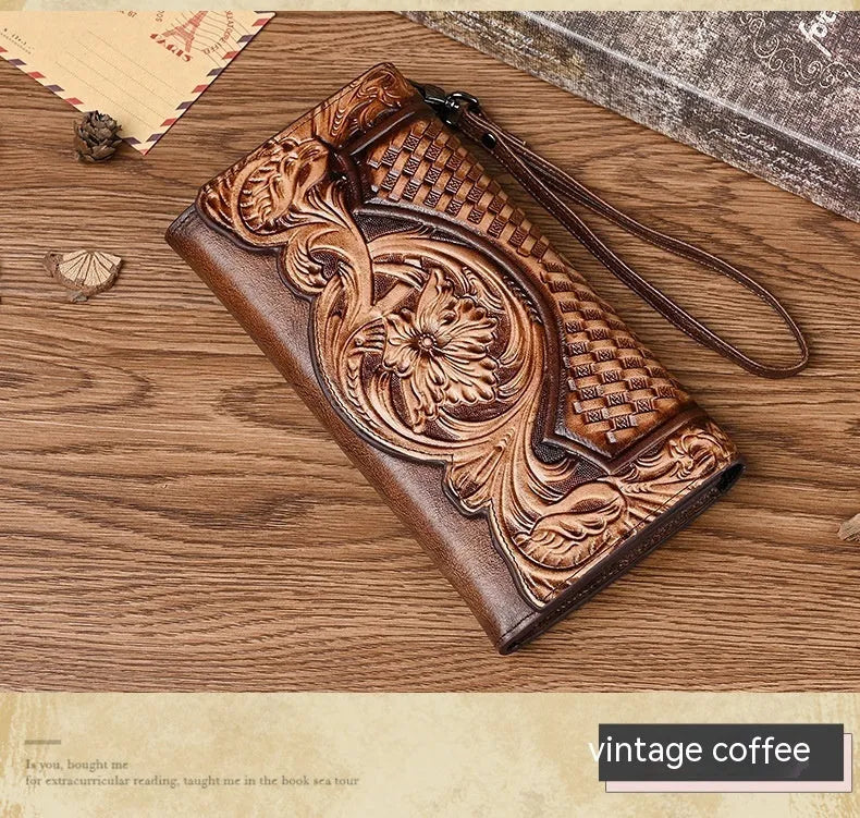 Retro brown embossed floral pattern tri-fold women's wallet made of genuine cowhide leather.