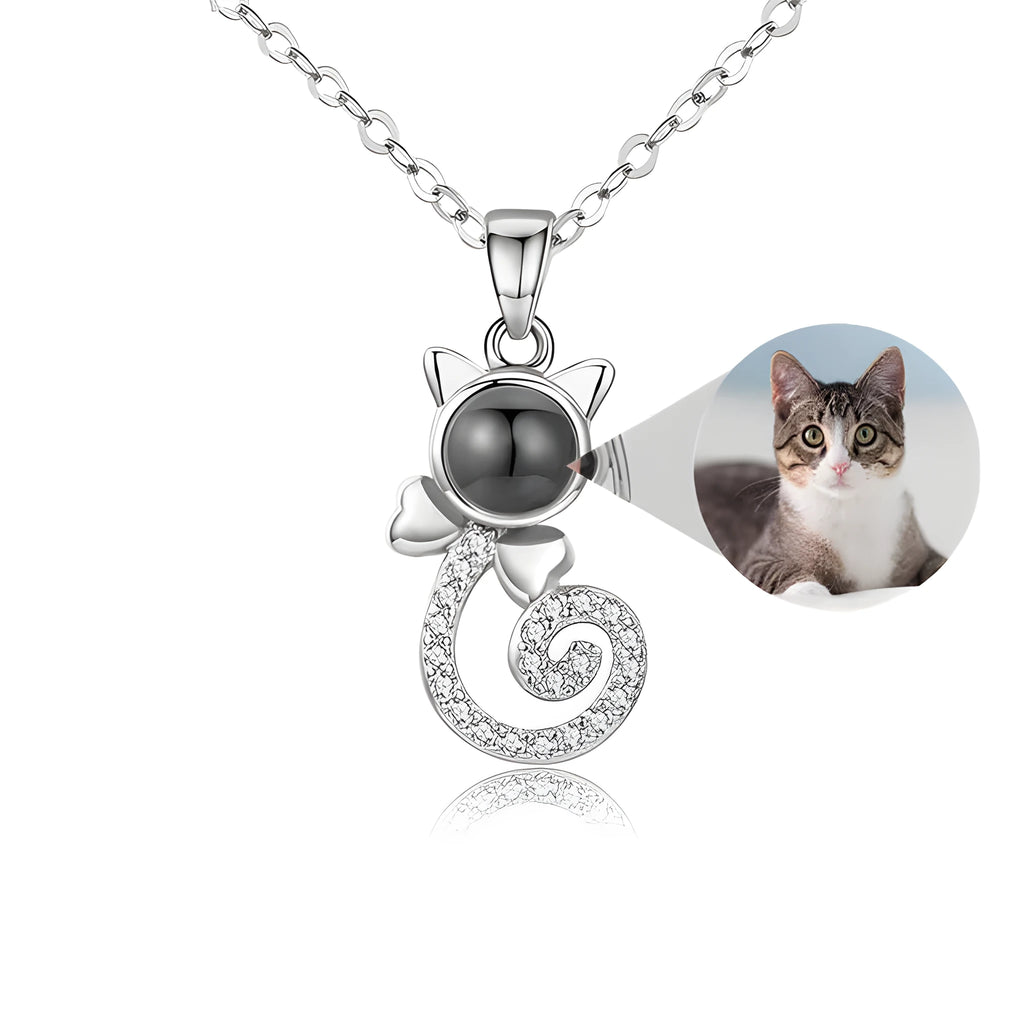S925 silver cat-shaped pendant necklace with custom photo projection on Rose Gold chain